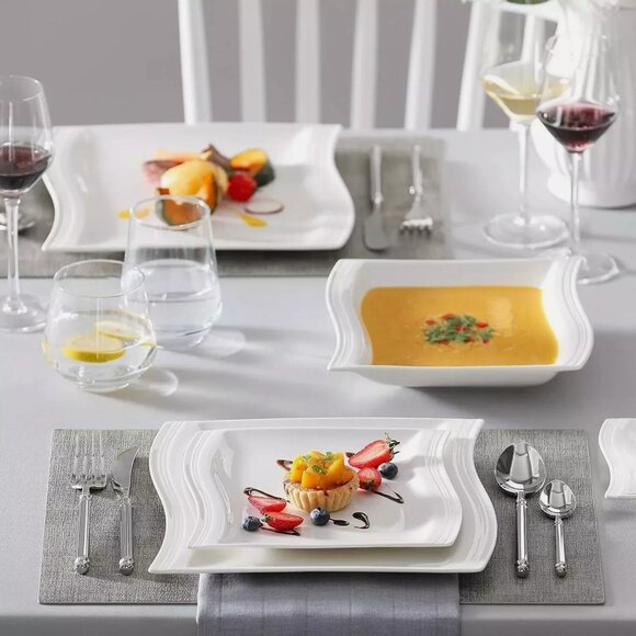 MALACASA 30-Piece Service for 6 Dinnerware Sets Square Porcelain Dinner Plates - Picture 4 of 7